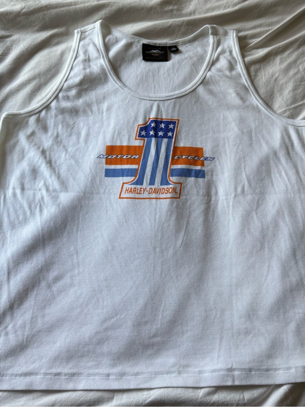 Harley-Davidson White Tank with Orange & Blue Number One Graphic